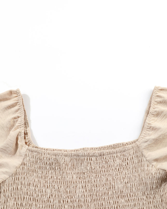 Apricot Short Bubble Sleeve Smocked Wide Leg Jumpsuit