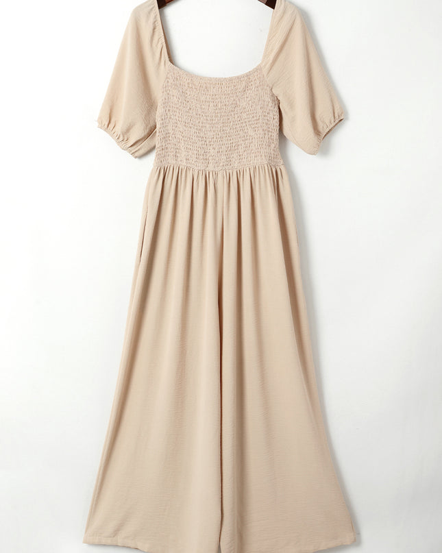 Apricot Short Bubble Sleeve Smocked Wide Leg Jumpsuit