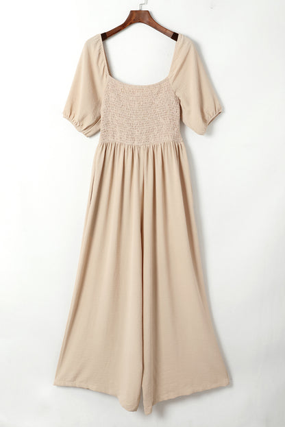Apricot Short Bubble Sleeve Smocked Wide Leg Jumpsuit