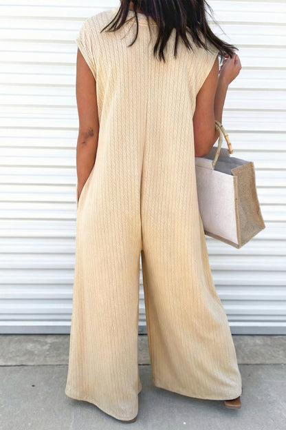 Jet Stream Half Buttons Ribbed Knit Wide Leg Jumpsuit