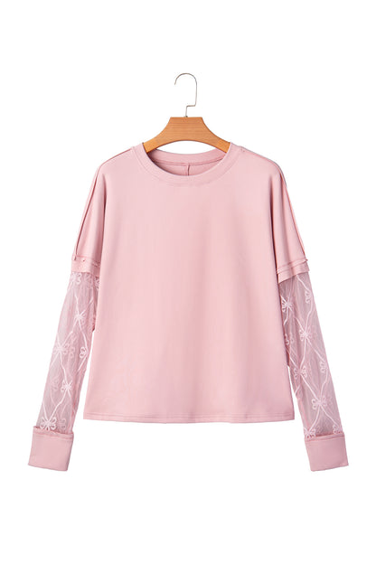 Light Pink Solid Color Bow Textured Patchwork Long Sleeve Tee