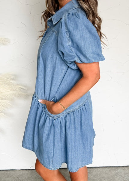 Beau Blue Button Down Short Puff Sleeve Ruffle Hem Patchwork Denim Dress