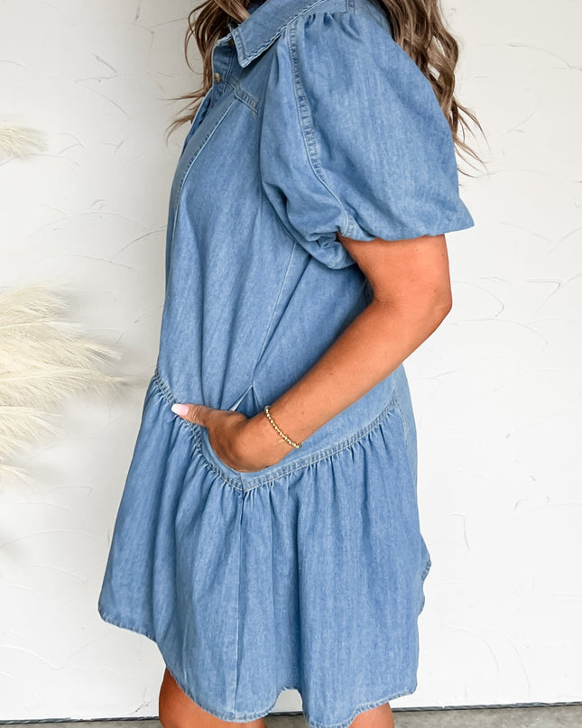 Beau Blue Button Down Short Puff Sleeve Ruffle Hem Patchwork Denim Dress