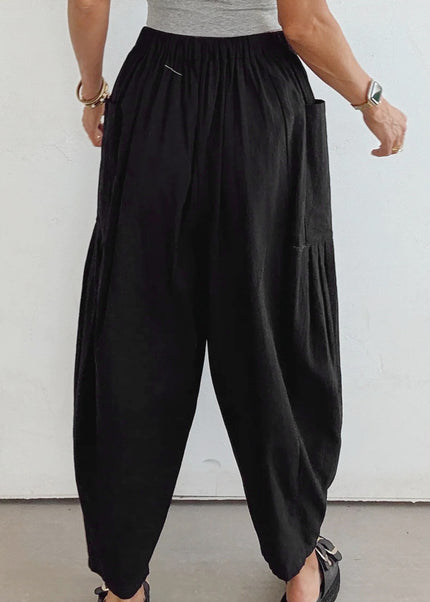 Black Drawstring Elastic Waist Patch Pocket Barrel Leg Casual Pants