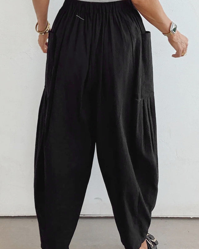Black Drawstring Elastic Waist Patch Pocket Barrel Leg Casual Pants