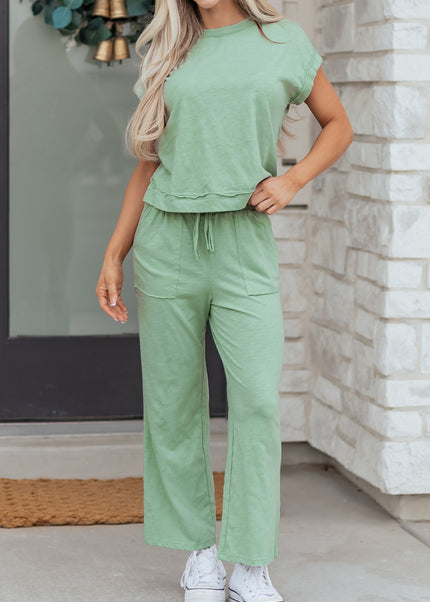 Canton Cuffed Short Sleeve Tee Raw Seam Patch Pocket Drawstring Pants Set