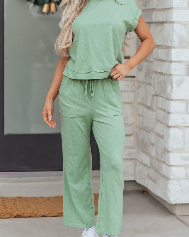 Canton Cuffed Short Sleeve Tee Raw Seam Patch Pocket Drawstring Pants Set