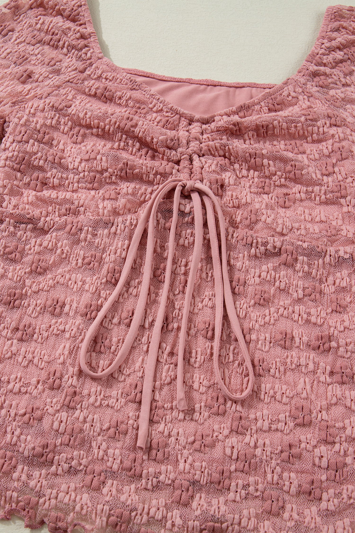Peach Blossom Drawstring Knot Detail Floral Lace Blouse
