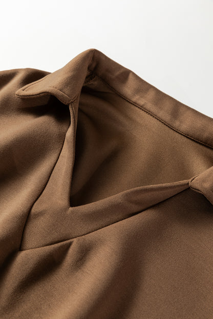 Coffee Solid Color V Neck Top and High Waist Pants Set