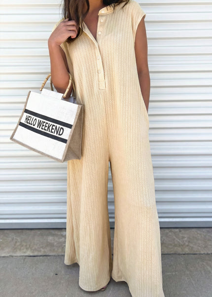 Jet Stream Half Buttons Ribbed Knit Wide Leg Jumpsuit