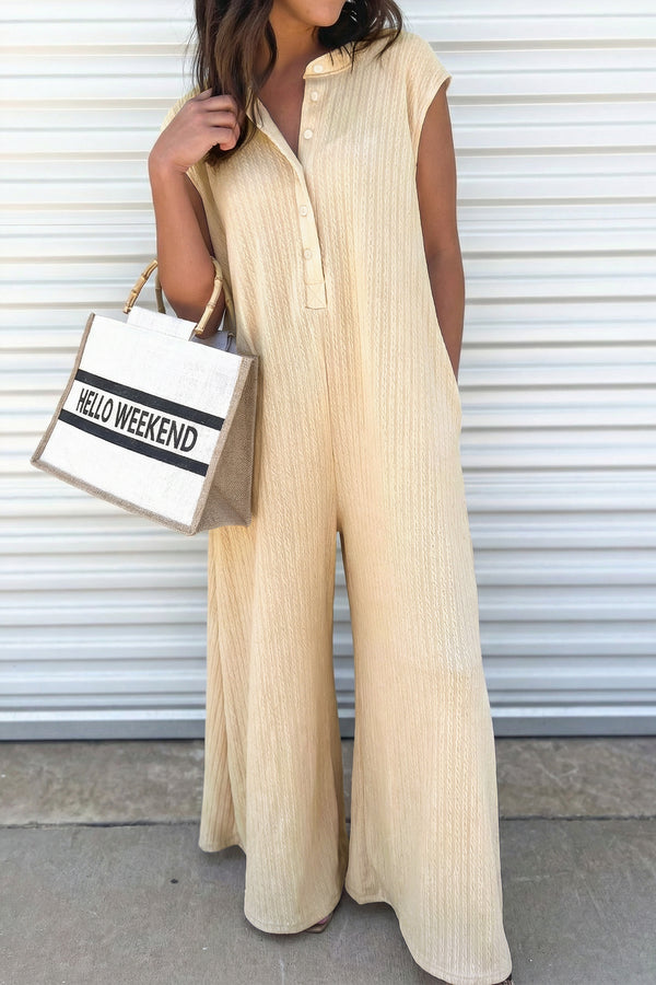 Jet Stream Half Buttons Ribbed Knit Wide Leg Jumpsuit