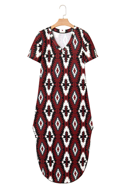 Red Western Aztec Printed Long T-shirt Dress