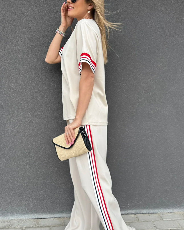 Jet Stream Contrast Striped Trim Crewneck T Shirt Loose Straight Pants Set