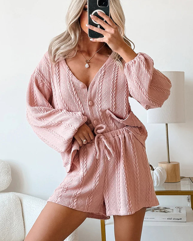 Gossamer Pink Cable Knit V Neck Cardigan Shorts Set