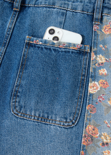 Peacock Blue Floral Patchwork Bib Denim Wide Leg Overalls