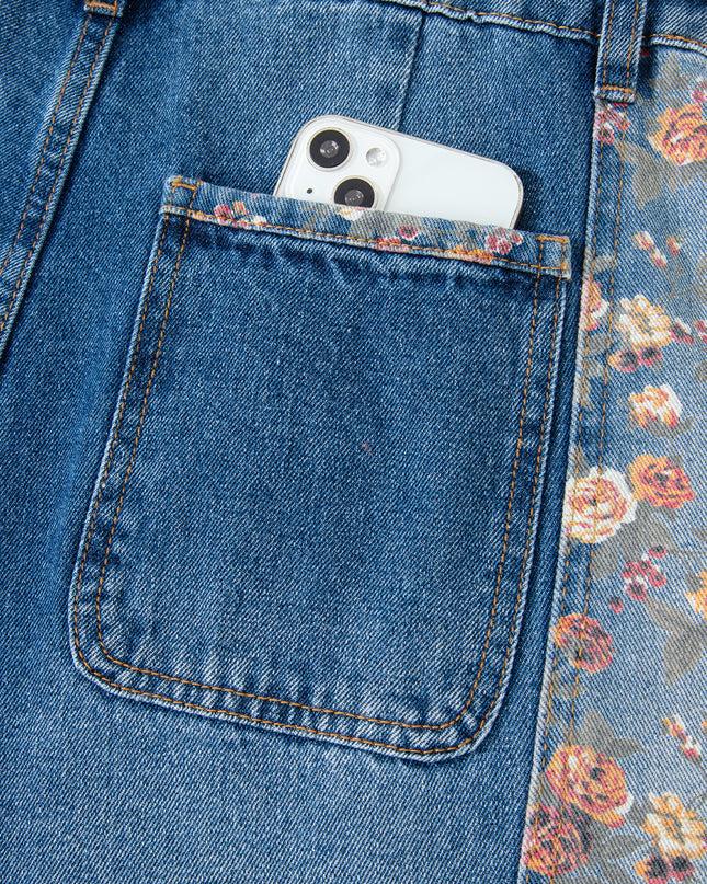 Peacock Blue Floral Patchwork Bib Denim Wide Leg Overalls
