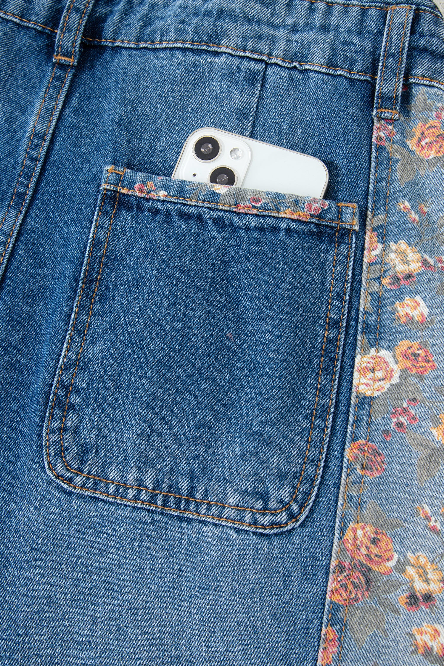 Peacock Blue Floral Patchwork Bib Denim Wide Leg Overalls