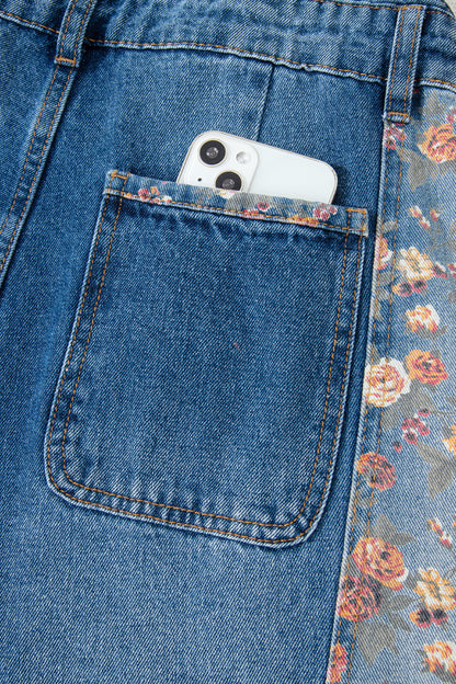 Peacock Blue Floral Patchwork Bib Denim Wide Leg Overalls