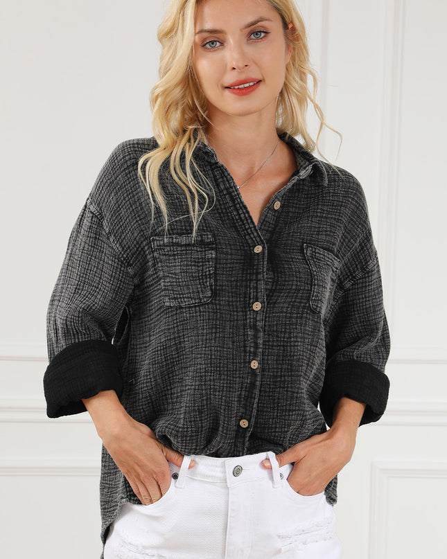 Black Crinkle Textured Chest Pockets Shirt