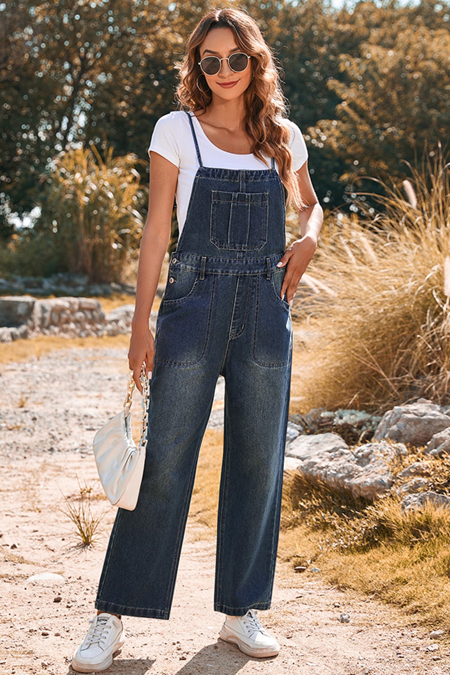 Dark Blue Crossed Tie Straps Bib Pocket Loose Denim Overalls