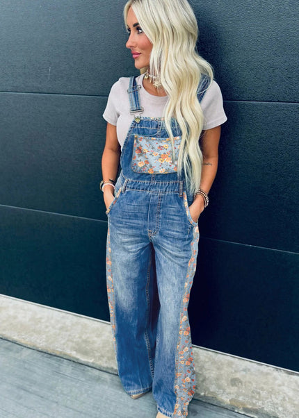 Peacock Blue Floral Patchwork Bib Denim Wide Leg Overalls