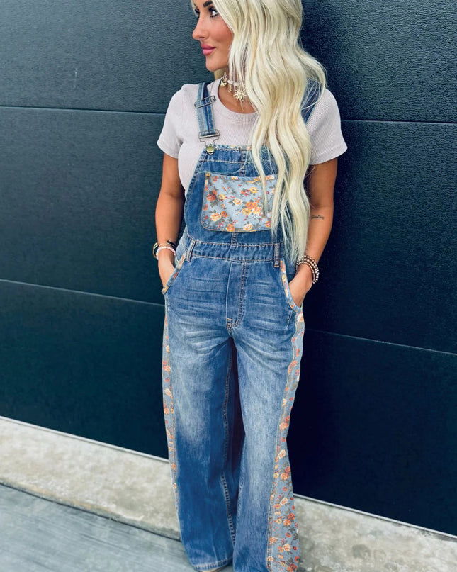 Peacock Blue Floral Patchwork Bib Denim Wide Leg Overalls