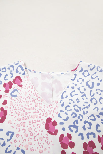 Leopard Print V Neck Short Sleeve Blouse