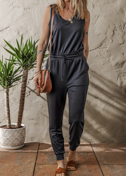 Black Casual Tank Style Tie Waist Pocketed Jogger Jumpsuit