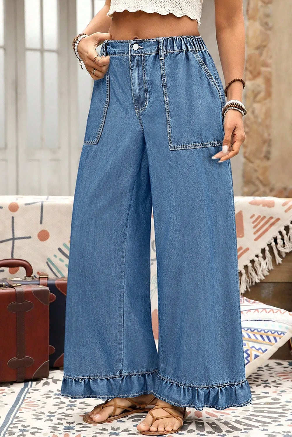 Sail Blue Plus Size Elastic Waist Ruffled Wide Leg Denim Pants