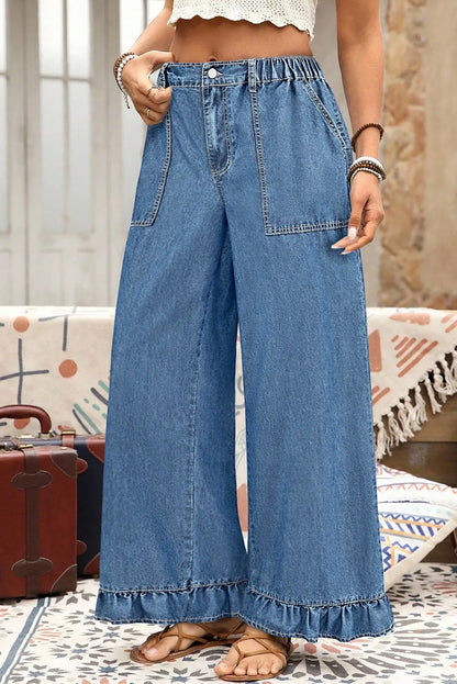 Sail Blue Plus Size Elastic Waist Ruffled Wide Leg Denim Pants