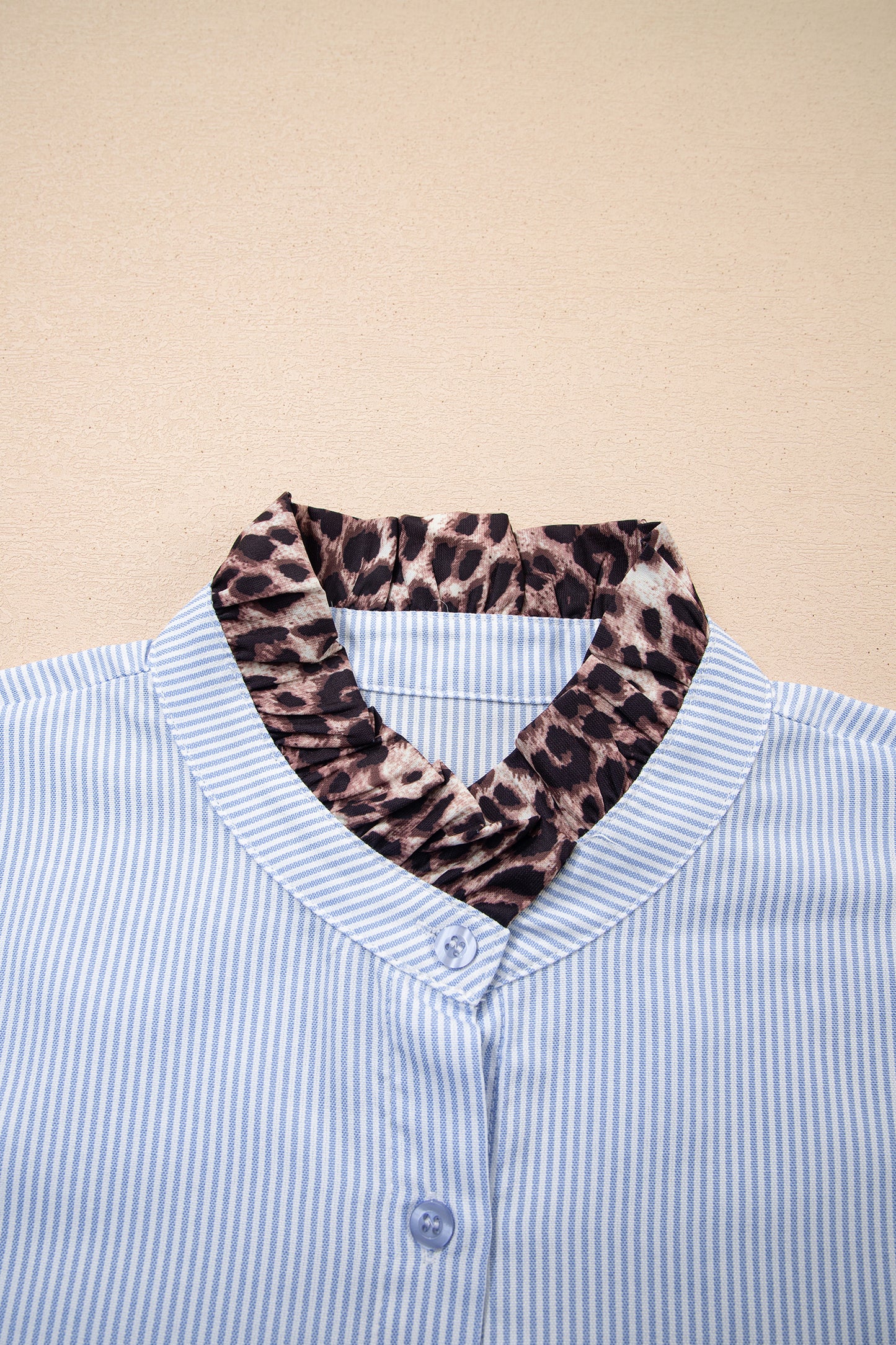 Sky Blue Stripe Ruffled Leopard Patchwork Long Sleeve Button Down Loose Shirt