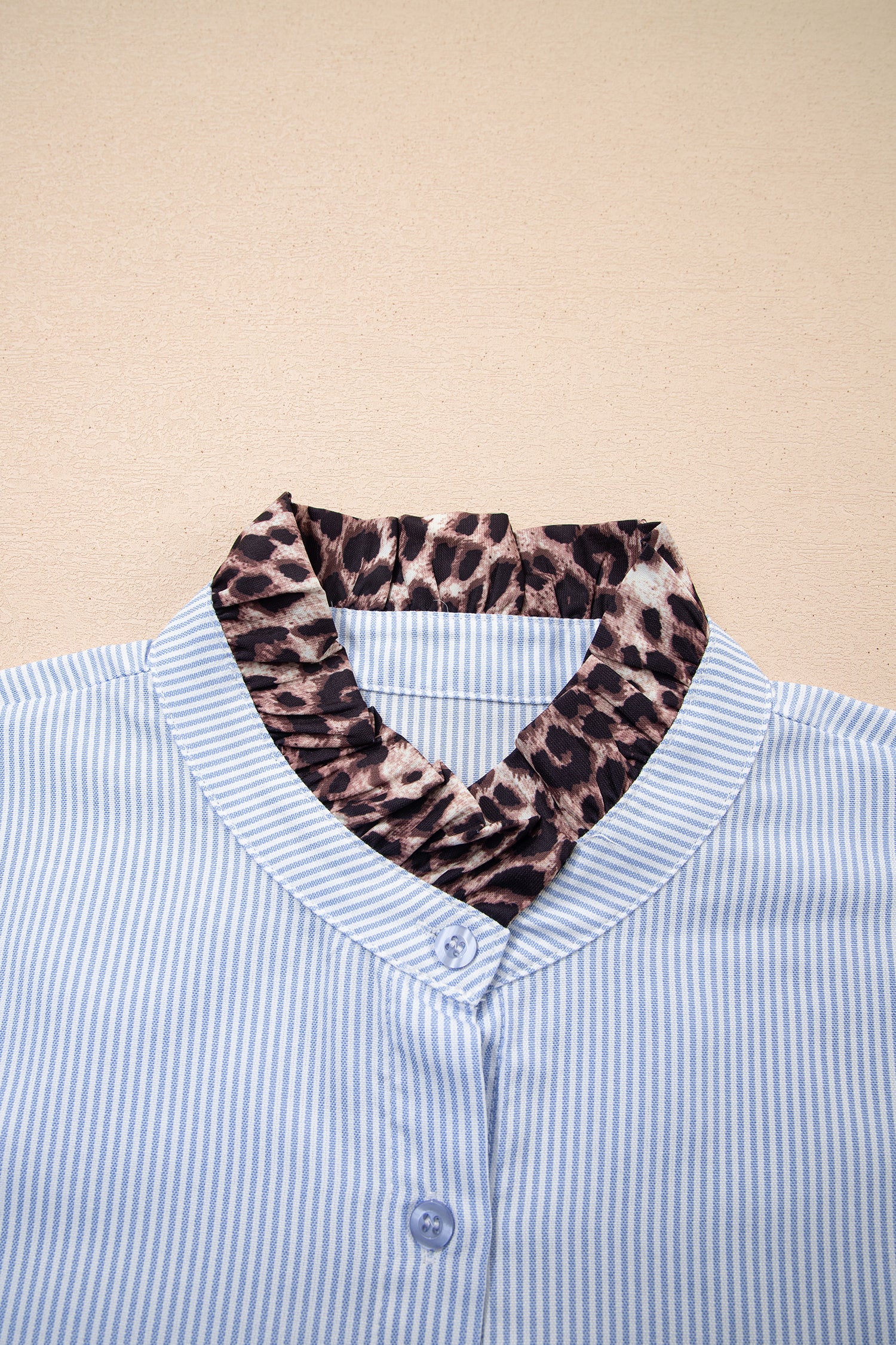 Sky Blue Stripe Ruffled Leopard Patchwork Long Sleeve Button Down Loose Shirt