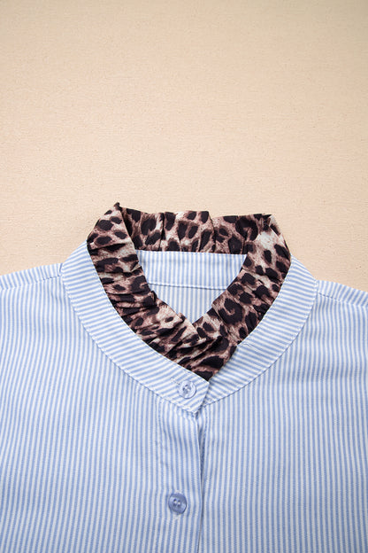 Sky Blue Stripe Ruffled Leopard Patchwork Long Sleeve Button Down Loose Shirt