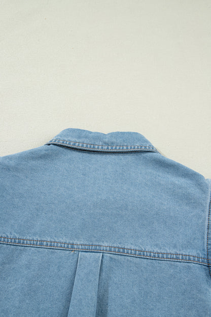 Myosotis Ruffle Detail Short Puff Sleeve Button Down Flap Pocket Denim Shirt