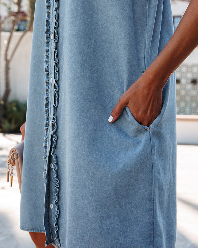Myosotis Frilled Detail Button Down Ruffle Short Sleeve Denim Mini Dress