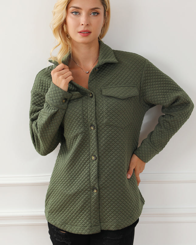 Black Retro Quilted Flap Pocket Button Shacket