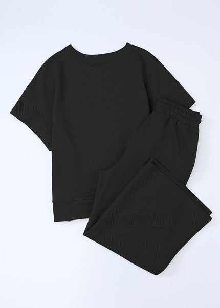 Black Textured Loose Fit T Shirt and Drawstring Pants Set