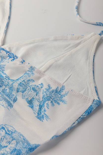 Sky Blue Random Printed Mesh Bow Detail Halterneck Tank Top