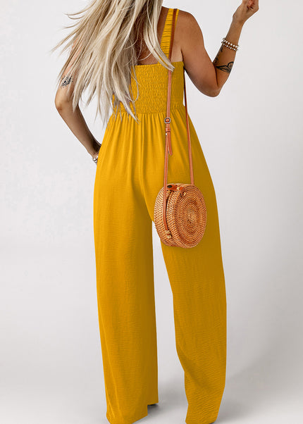 Ginger Smocked Sleeveless Wide Leg Jumpsuit with Pockets