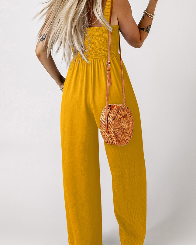 Ginger Smocked Sleeveless Wide Leg Jumpsuit with Pockets