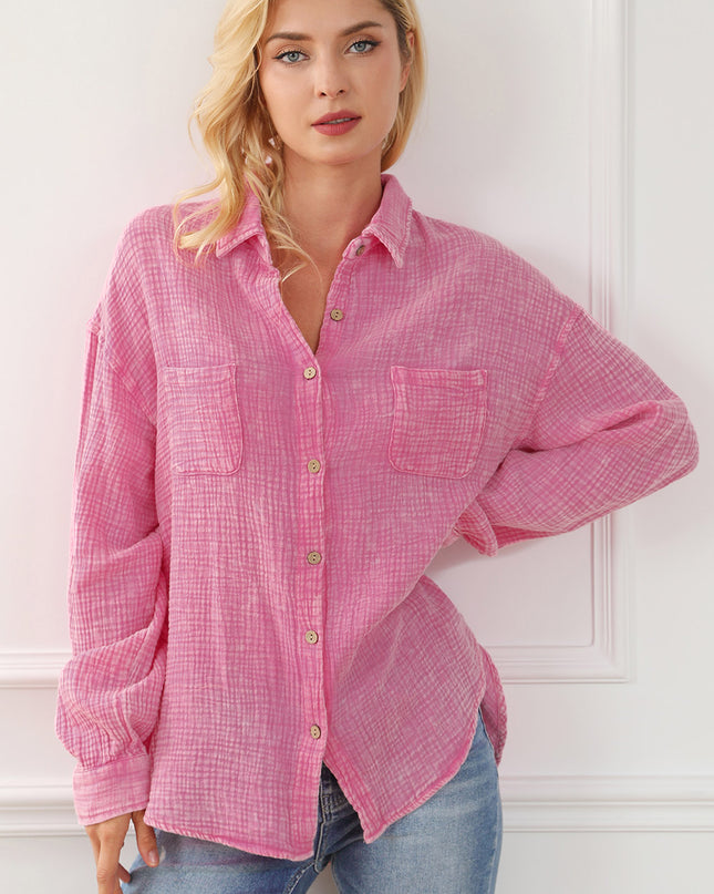 Black Crinkle Textured Chest Pockets Shirt