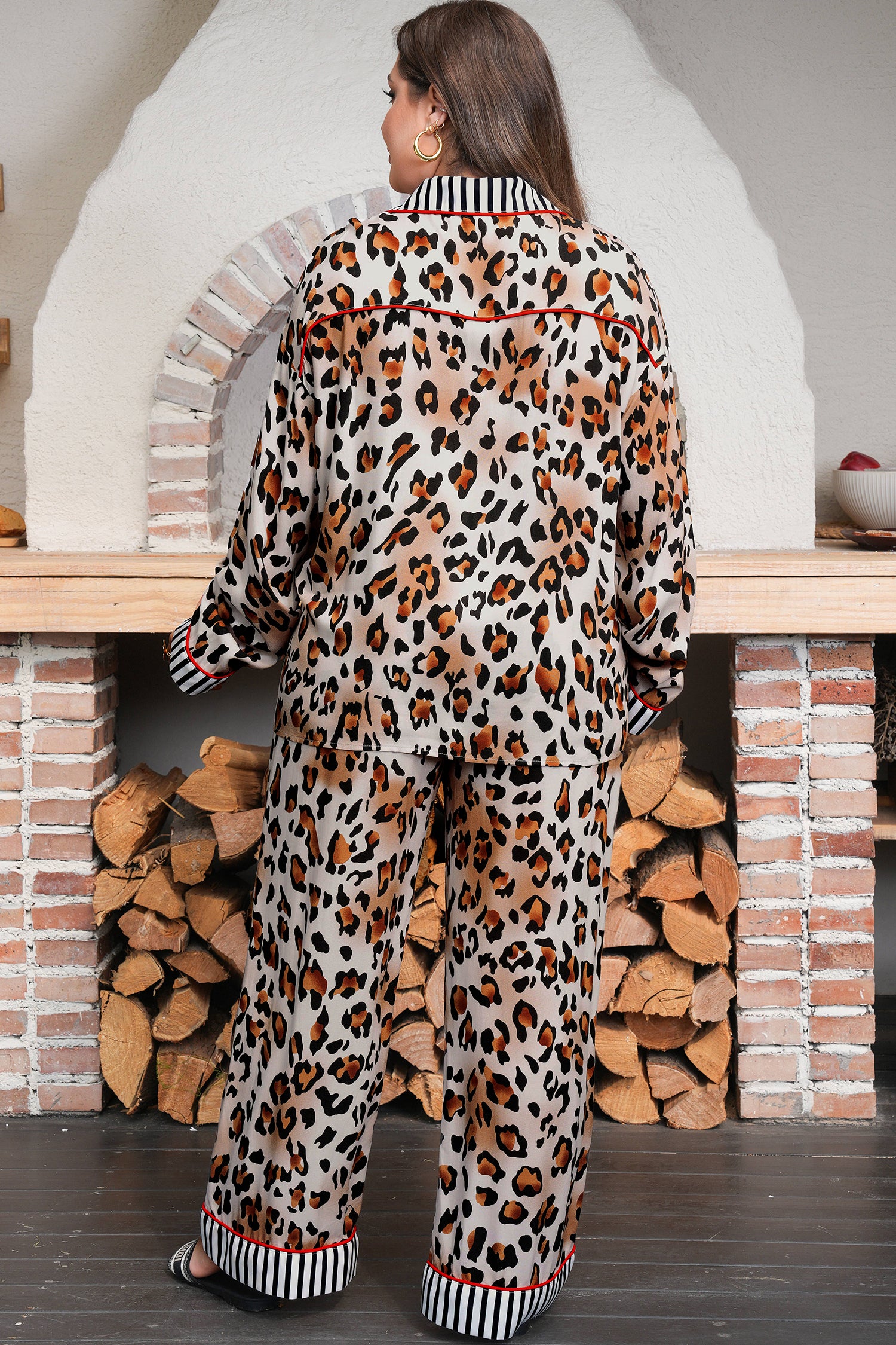 Khaki Plus Leopard Print Contrast Piping Striped Patchwork 2pcs Long Pajama Set