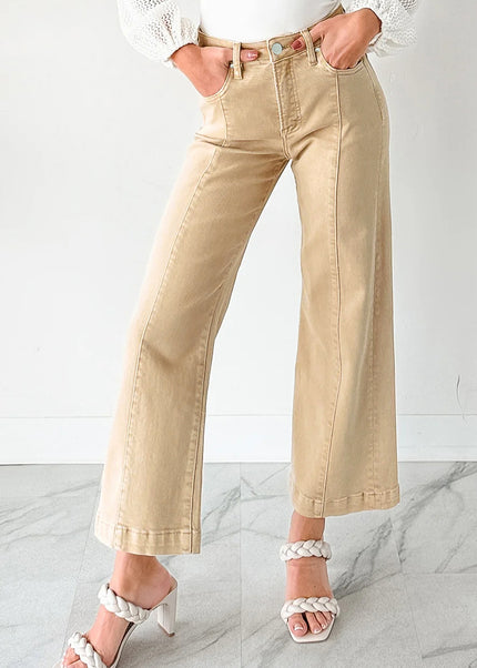 Apricot Solid Color Seamed Center Wide Leg Cropped Jeans