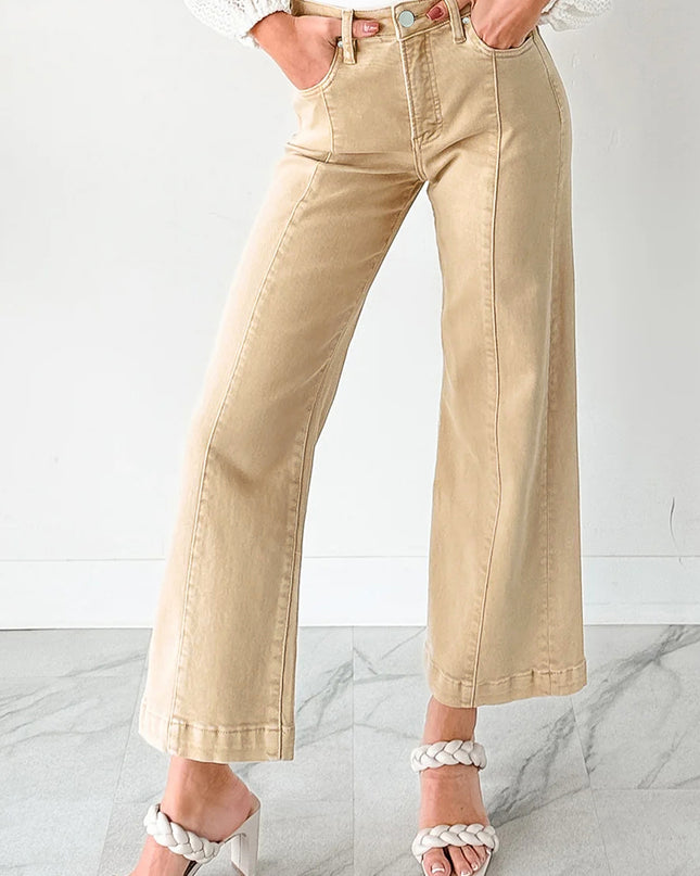 Apricot Solid Color Seamed Center Wide Leg Cropped Jeans