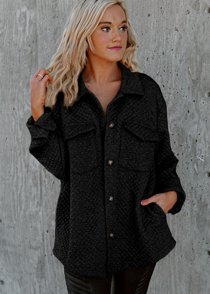 Black Retro Quilted Flap Pocket Button Shacket