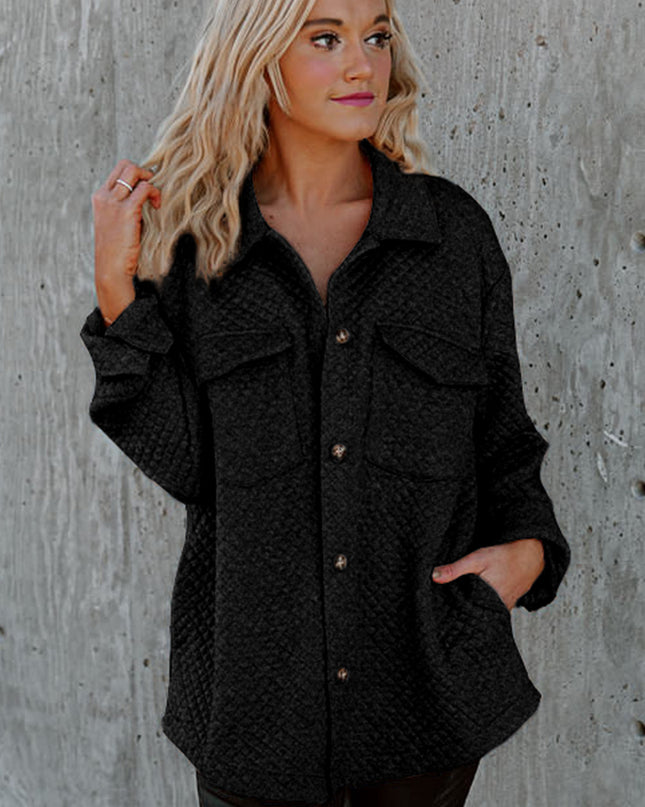 Black Retro Quilted Flap Pocket Button Shacket
