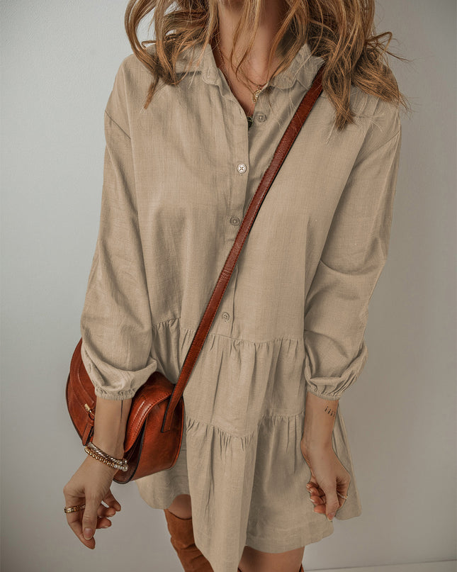 Tan Puff Sleeve Buttoned Tiered Pleated Shirt Mini Dress