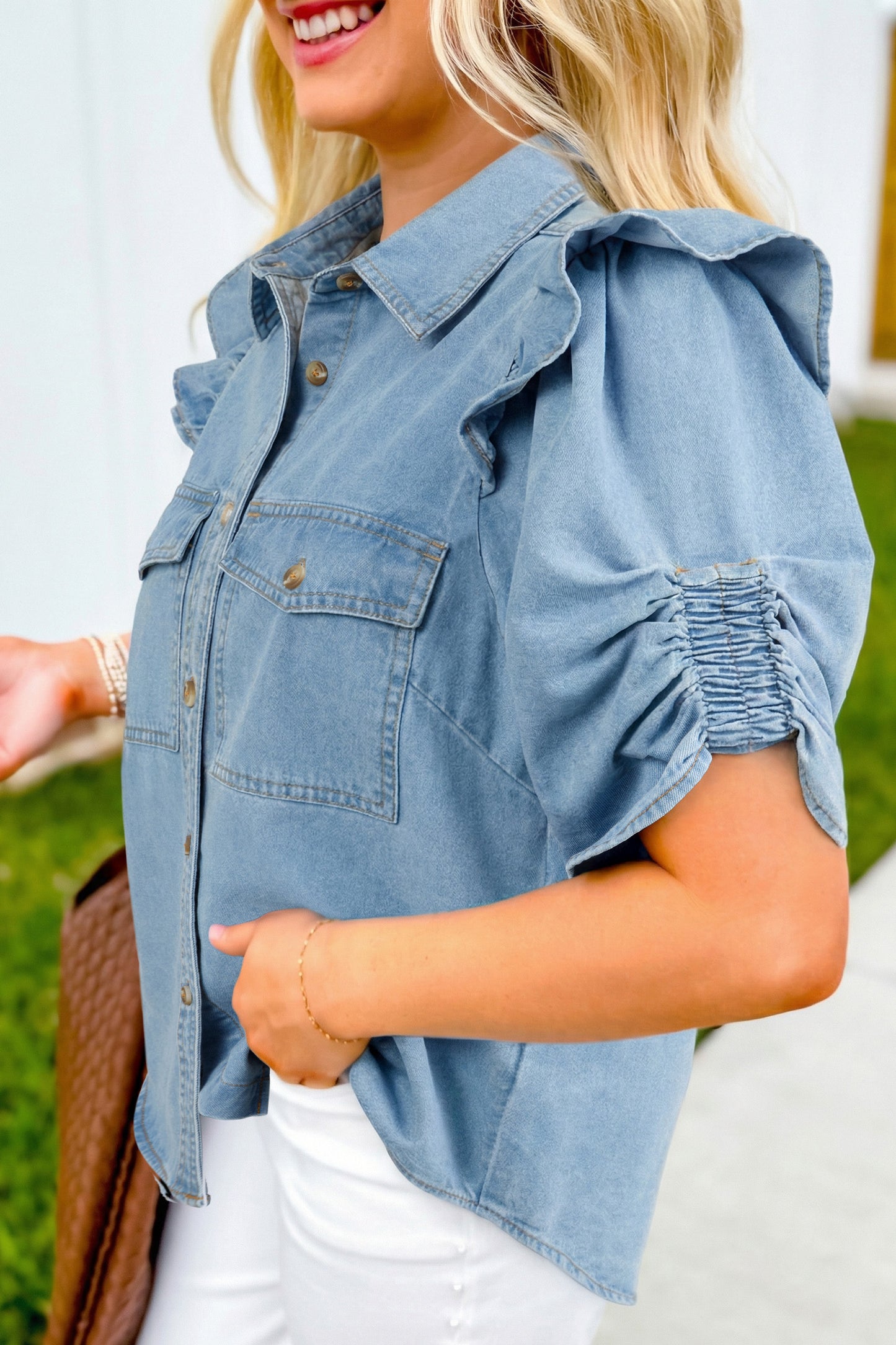 Myosotis Ruffle Detail Short Puff Sleeve Button Down Flap Pocket Denim Shirt