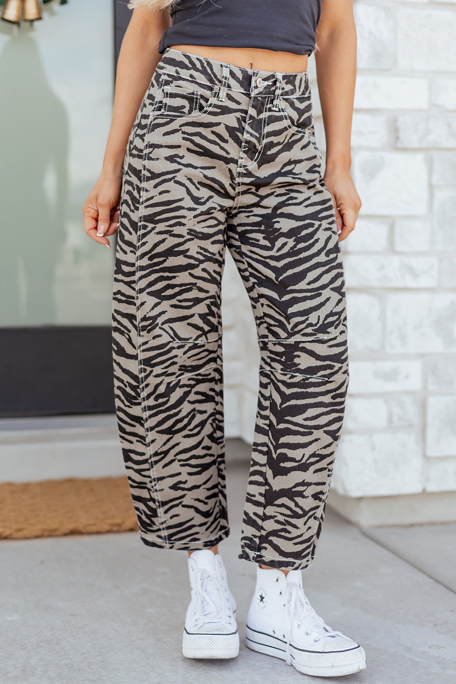 Gray Zebra Stripe Printed Wide Leg Jeans