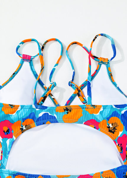 Sky Blue Adjustable Straps Ribbed Knit One Piece Swimsuit